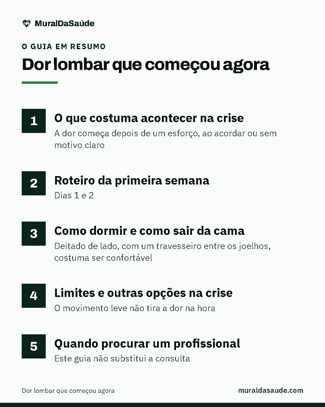Resumo do guia: 1. O que costuma acontecer na crise; 2. Roteiro da primeira semana; 3. Como dormir e como sair da cama; 4. Limites e outras opções na crise; 5. Quando procurar um profissional.