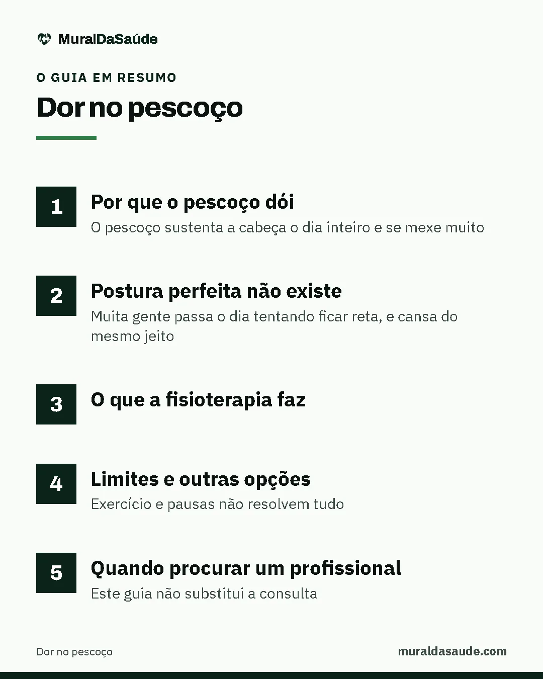 Resumo do guia: 1. Por que o pescoço dói; 2. Postura perfeita não existe; 3. O que a fisioterapia faz; 4. Limites e outras opções; 5. Quando procurar um profissional.