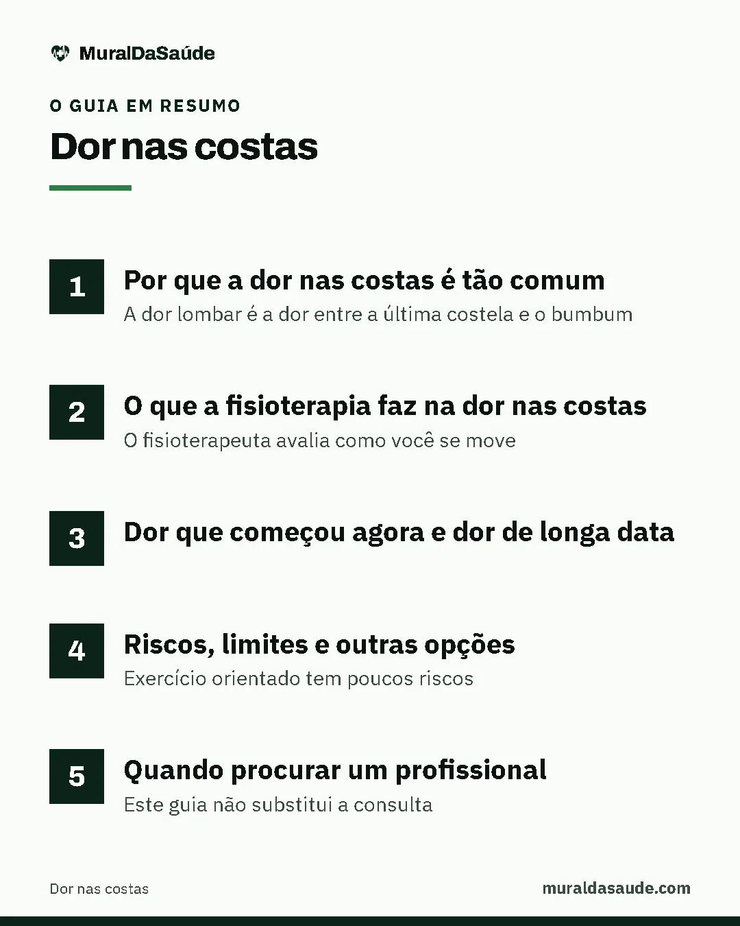Resumo do guia: 1. Por que a dor nas costas é tão comum; 2. O que a fisioterapia faz na dor nas costas; 3. Dor que começou agora e dor de longa data; 4. Riscos, limites e outras opções; 5. Quando procurar um profissional.