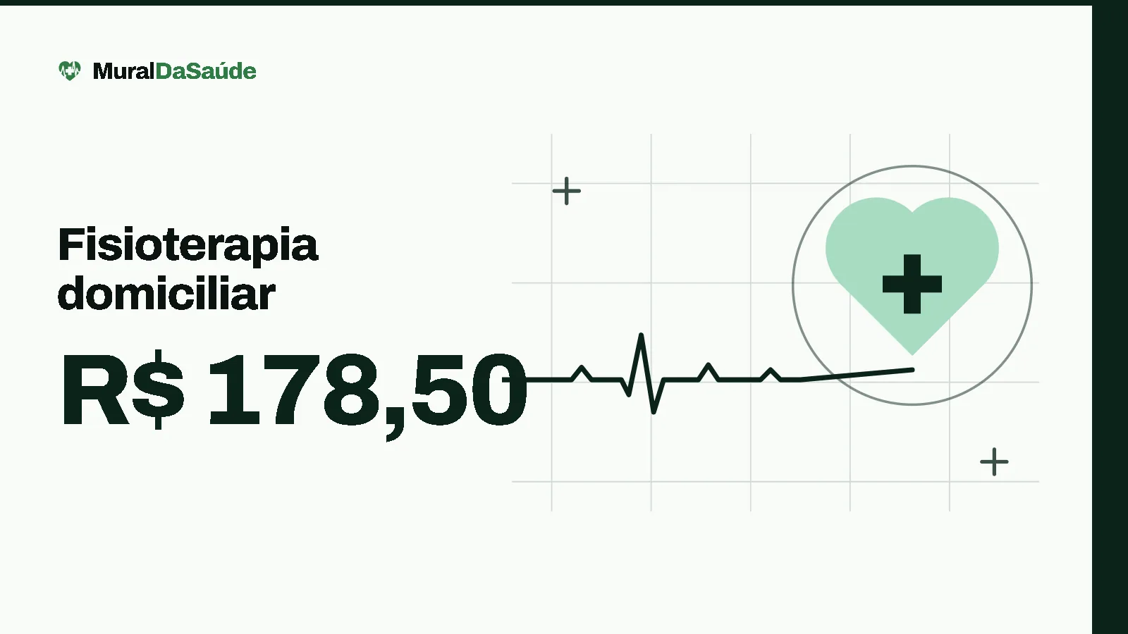 Fisioterapia domiciliar: R$ 178,50. Ilustração: o coração com cruz e a linha de batimento do MuralDaSaúde.